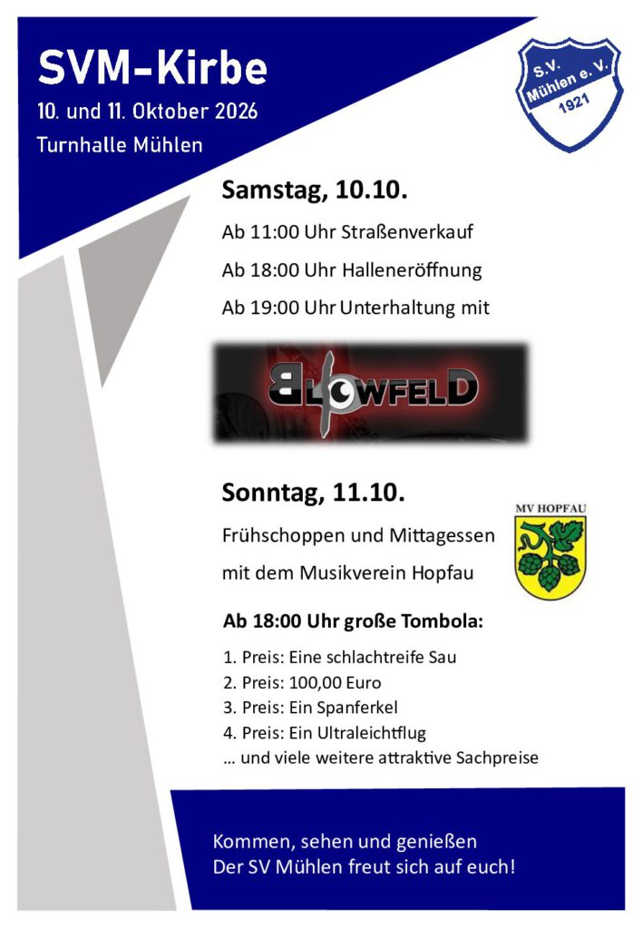 Flyer der SVM-Kirbe 2026 am 10. und 11. Oktober in der Turnhalle Mühlen